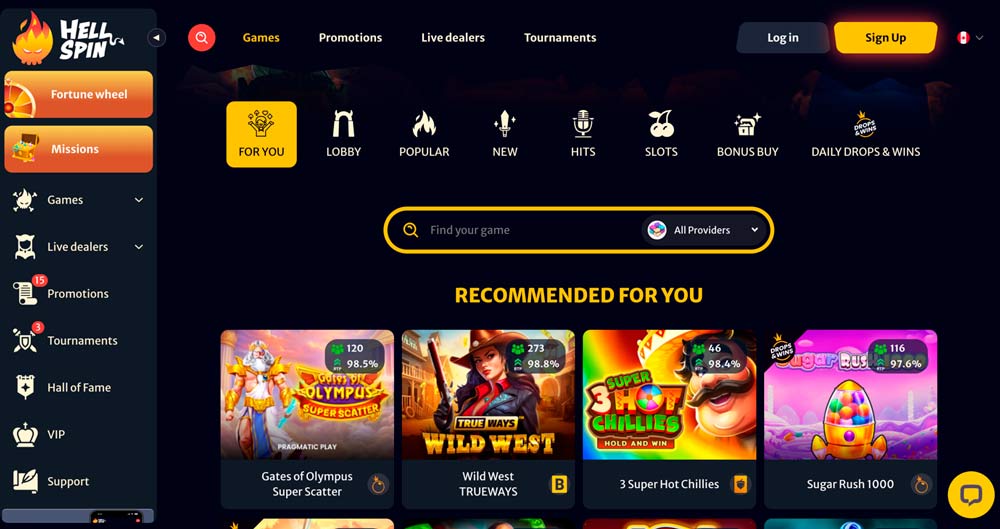 Hell Spin casino lobby